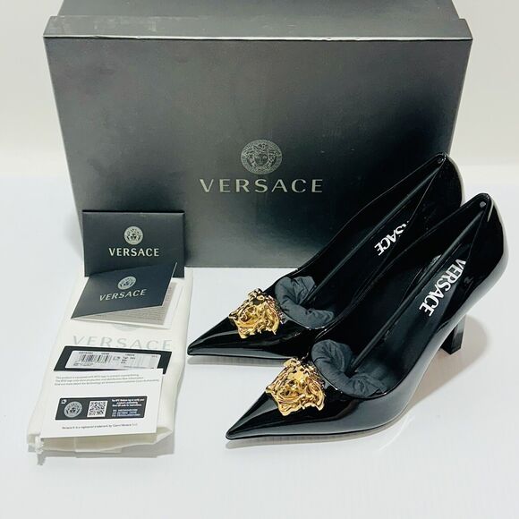 Versace Medusa 37.5/ US 7.5 Gold Black Patent Leather Pointed Toe Pump NIB $995 - Picture 8 of 15